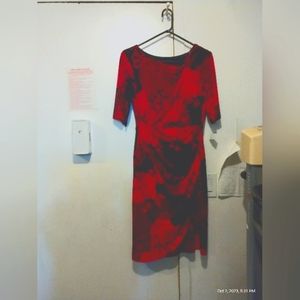 Connected Apparel red and black floral ruched at waistline dress